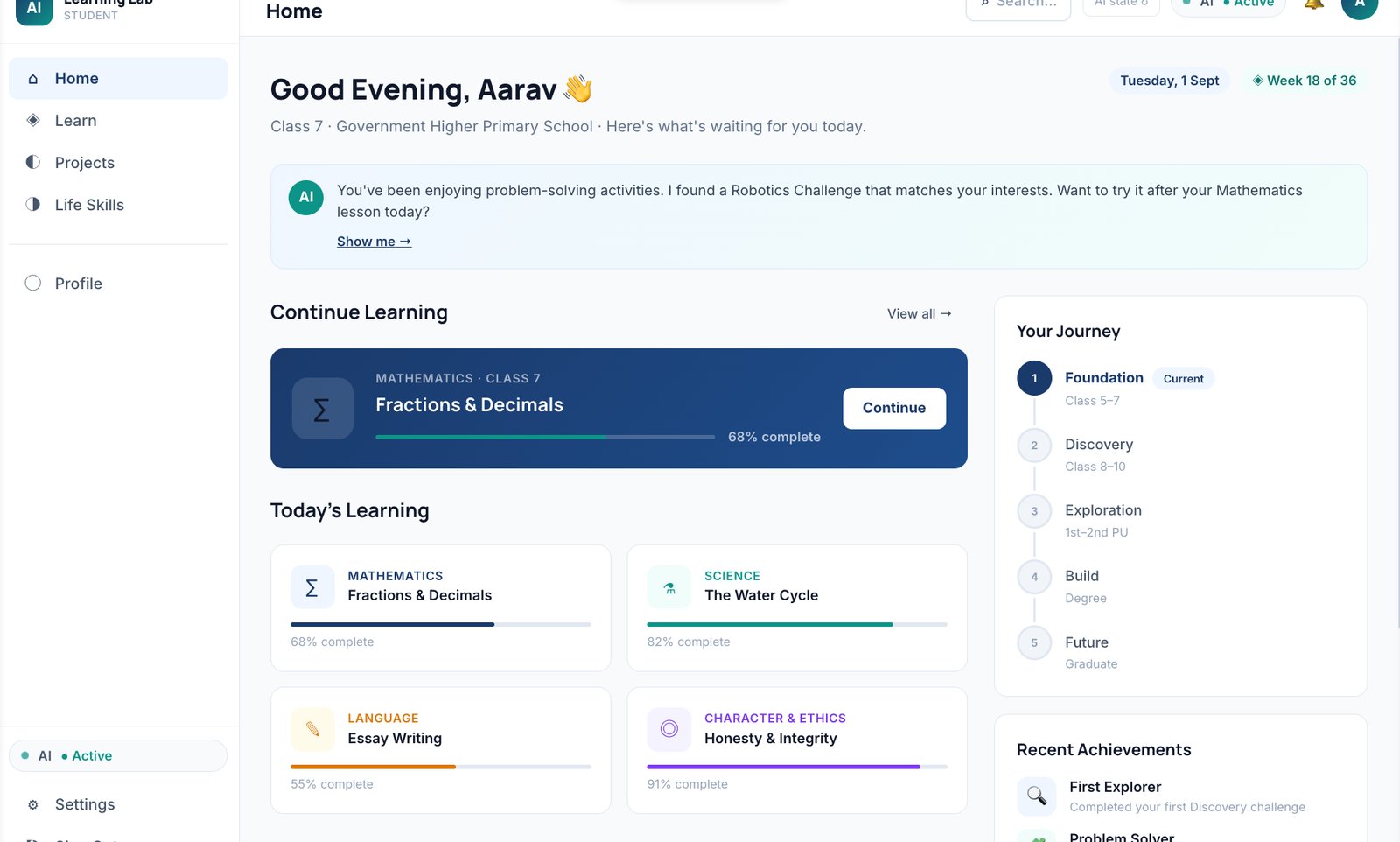 Udaan Education Lab student dashboard — daily learning, AI assistant suggestions, and a five-stage Foundation to Future journey