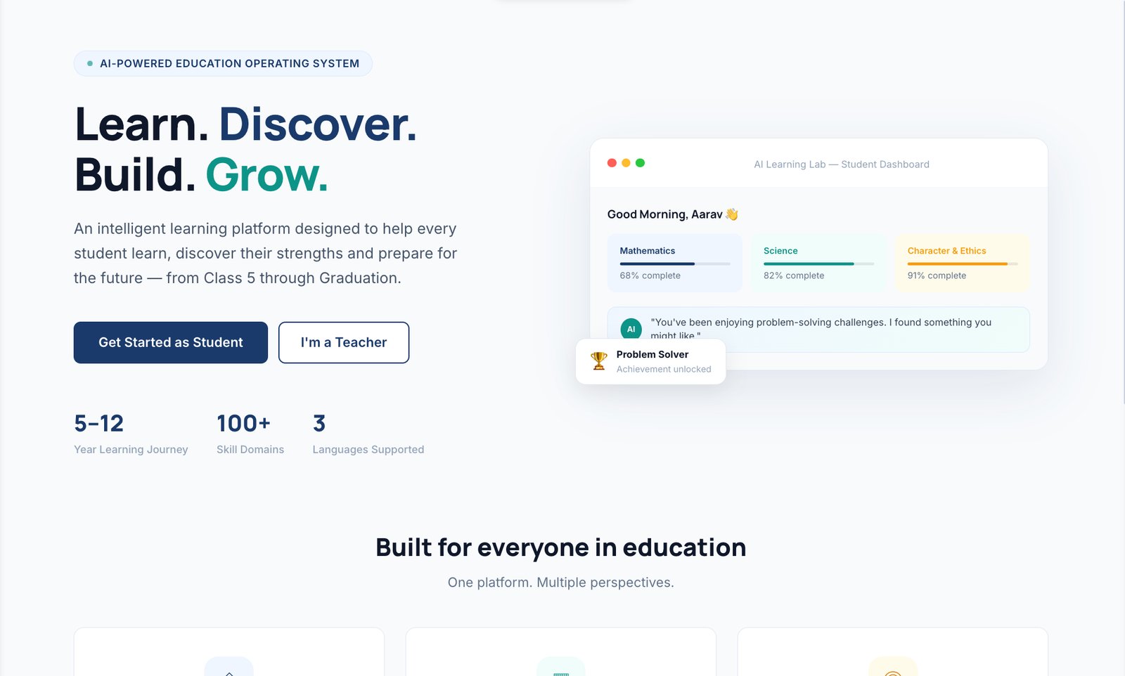 Udaan Education Lab — 'Learn. Discover. Build. Grow.,' an AI-powered education operating system landing page