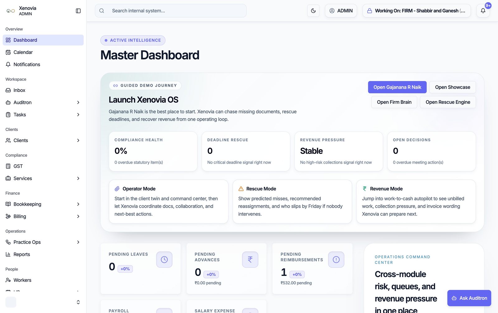 Xenovia OS Master Dashboard — compliance health, deadline rescue, revenue pressure, and Operator, Rescue, and Revenue modes