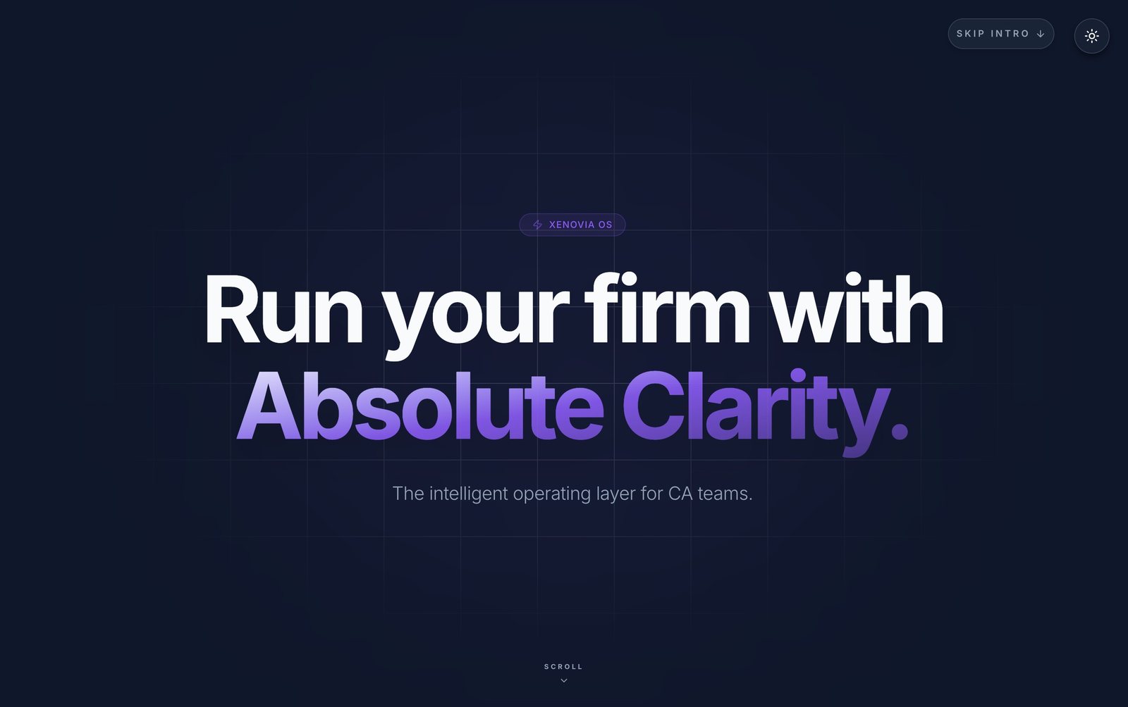 Xenovia OS — 'Run your firm with Absolute Clarity,' the intelligent operating layer for CA teams