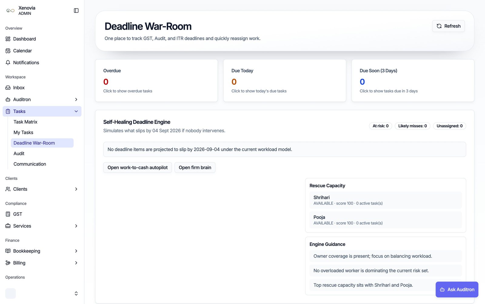 Xenovia OS Deadline War-Room — self-healing deadline engine with rescue capacity and engine guidance
